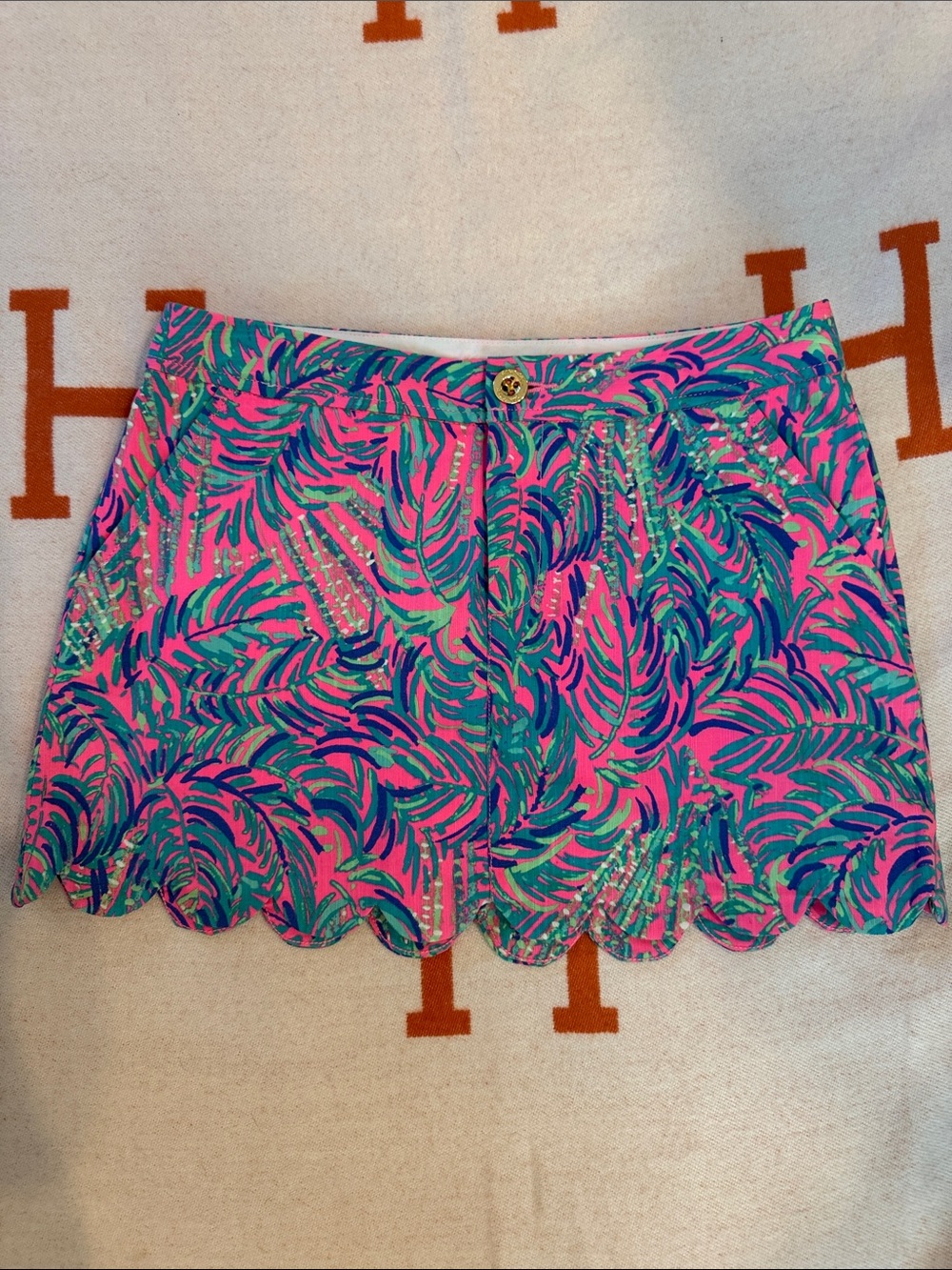 Lilly Pulitzer Pink & Green Palm-Print Scallop Hem Skort, NWOT